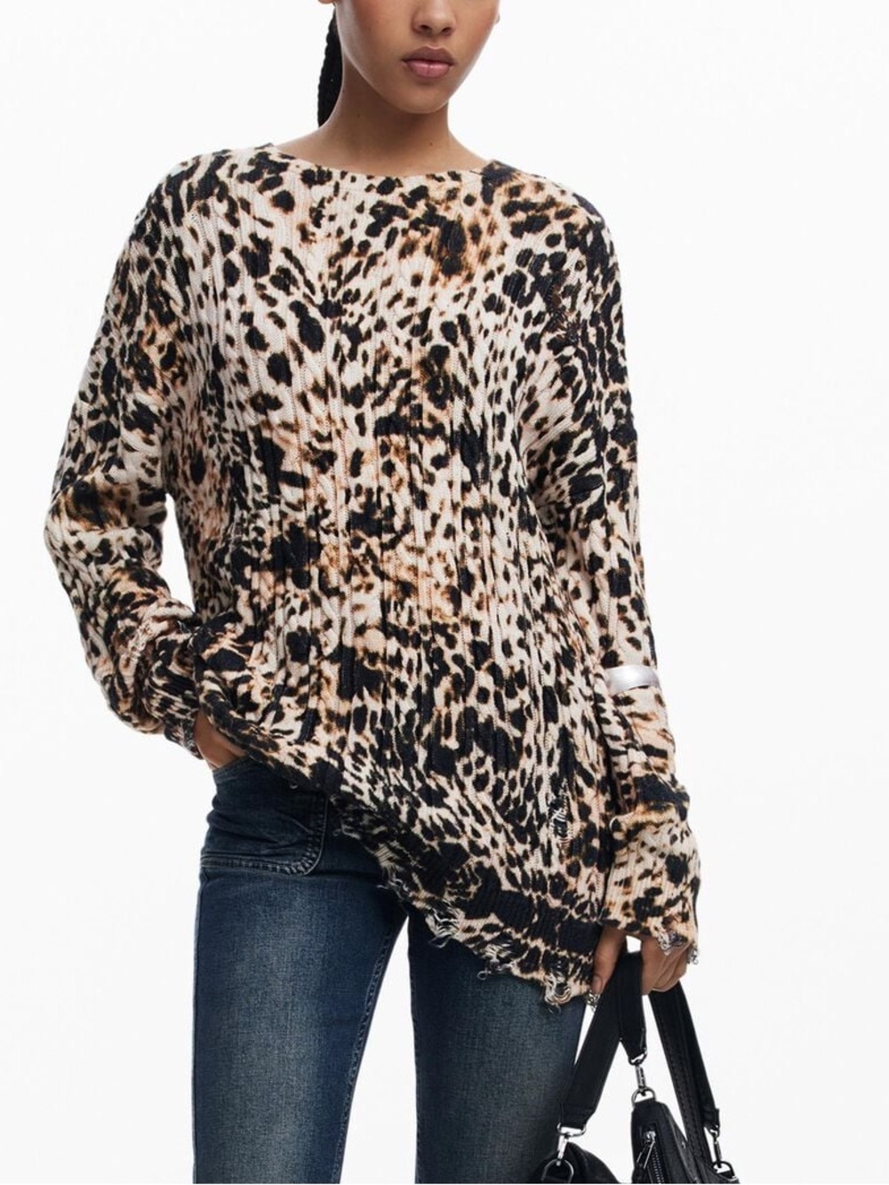Desigual NWT Leopard Animal Print Knit Long Sleeve Distressed Sweater Sz L